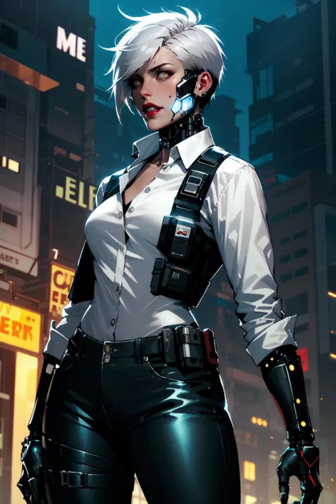 cowboy shot of futuristic detective lady, (cybernetic jaw:1.2), short white hair, glowing eyes, red lips, white shirt, unbuttoned, black pants, vest, holster, mechanical parts, prosthetic arm, outline <lora:sxz-niji-v2:0.8>