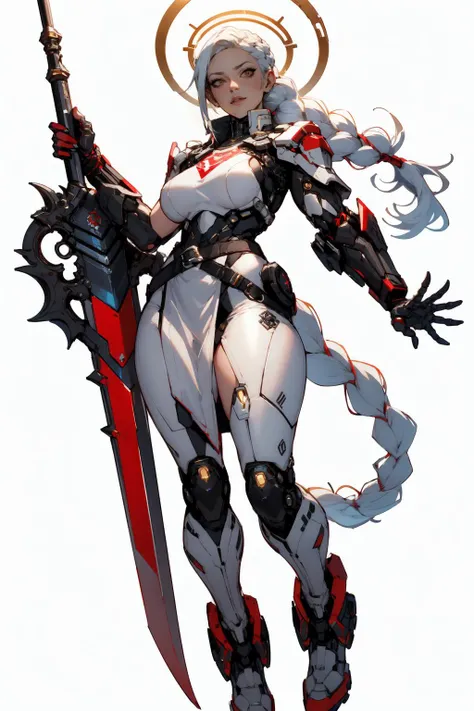 nijistyle, full body of cyberpunk paladin lady holding big glowing sword, white tabard, pauldrons, white hair, braid, red belt, cybernetic halo, mechanical arm, simple background, white background <lora:sxz-niji-v2:0.8>