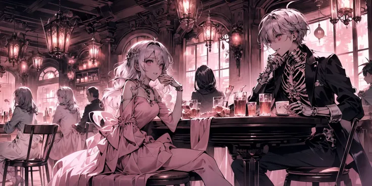 (wide shot, wide-angle lens,Panoramic:1.2),super vista, super wide AngleLow Angle shooting, super wide lens,
tavern scenes, charming personified skeleton, charming anime characters, i cant believe how beautiful this is, light magenta and dark gray, vanita...