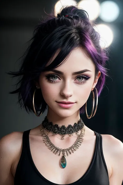 photo of beautiful (n0te4sy-125:0.99), a woman in a (runway fashion show:1.1), perfect hair, wearing (black jacket and tank top:1.1),  (punk style), (smiling), (hoop earrings), (necklace), (makeup, eyeshadow:1.2), modelshoot style, (extremely detailed CG u...