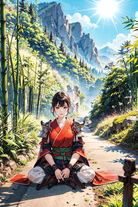 1girl, fullbody, sitting, slim, (bamboo trees), kabuto, red samurai armor, misty air, strong sunlight, mossy path, mountain village, huge weapon, mountain top scenery, <lora:granblueFantasyStyle_ver10:0.7>
