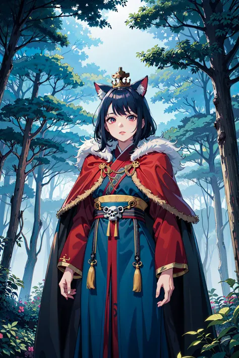 1girl, sunlight, strong lighting, fireflies, sunshine, day, blue skies, vines, nekomimi, (hanfu), (red accent), (skulls), strong lighting, crown, (fur cape:1.2), (blue flames:1.3), standing, ambient light, (deep forest scenery)