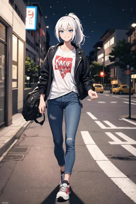 1girl, solo, white hair, blue eyes, short ponytail, t-shirt, open jacket, jeans, sneakers, standing, in parking lot, smug,night