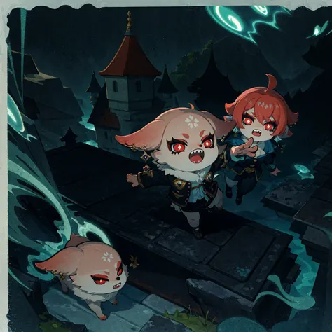 anime - style illustration of two girls in a dark castle