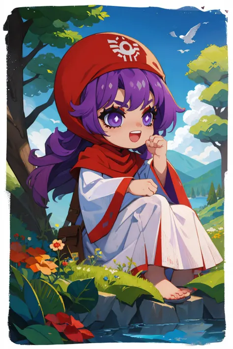 a girl in a red hat sitting on a rock in the woods