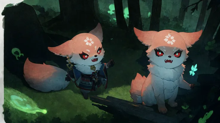 two foxes in the woods with glowing eyes and a bow