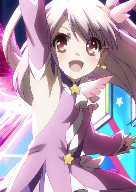 anime girl with long hair and purple outfit holding a pink bird