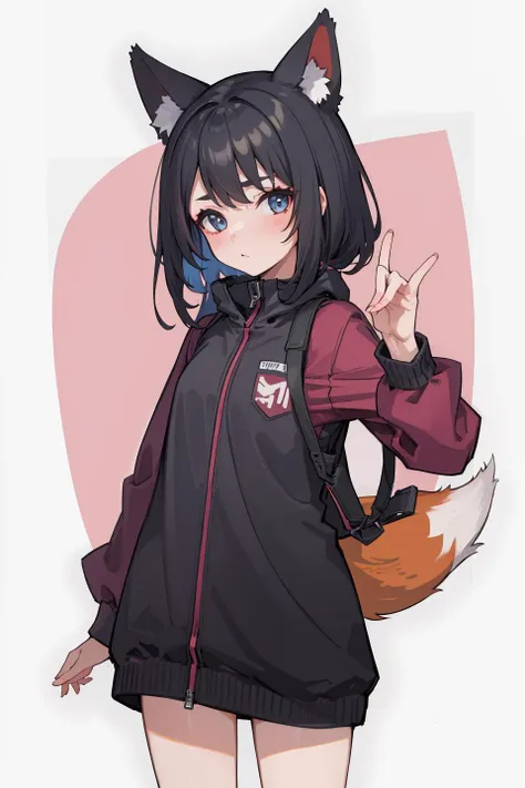 anime girl with black hair and a red jacket and black cat ears