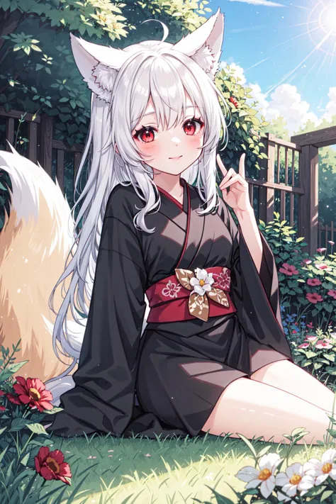 anime girl with white hair and black dress sitting in the grass