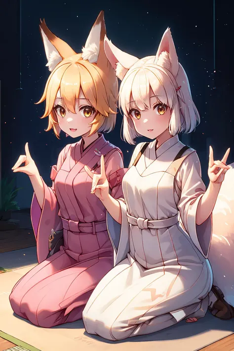 anime - style image of two girls sitting on a rug with their hands up