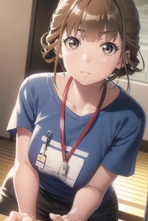 hinatamiyake, <lora:hinata miyake s1-lora-nochekaiser:1>,
hinata miyake, short hair, brown hair, (brown eyes:1.5),
BREAK shirt, short sleeves, uniform, blue shirt, name tag, id card, employee uniform,
BREAK indoors,
BREAK looking at viewer,
BREAK <lyco:Goo...