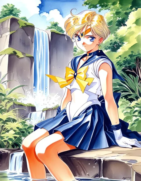 sailor girl sitting on a rock in front of a waterfall