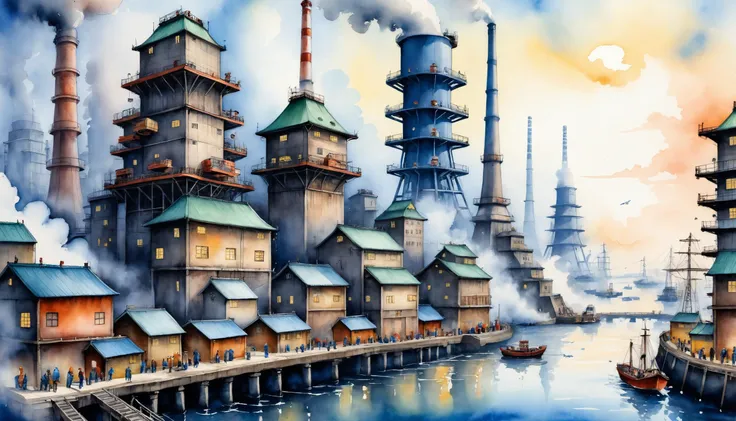 industrialbuilding, japanese endless city in Hokusai style, nuclear powerplants, street, crowd, flying ships.