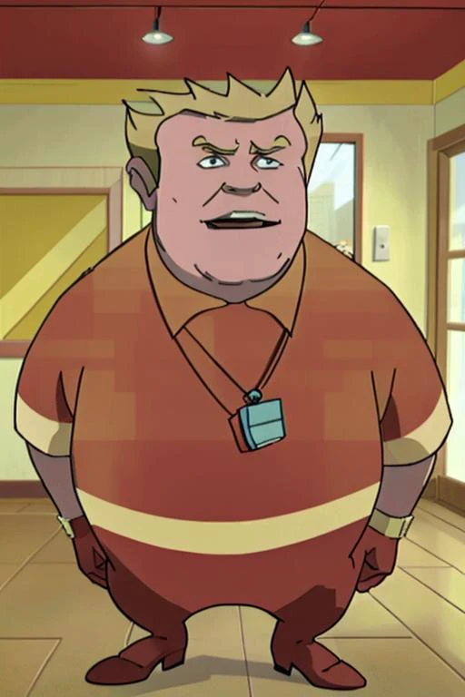 <lora:Coach McGuirk V12:0.75> coach_john_mcguirk, blonde hair, short hair, spiked hair, overweight, yellow collar, red shirt, whistle around neck, red gloves, yellow stripe, red pants, red shoes, mouth open, raised eyebrow,   <lora:BoondocksArtStyle_Edob_v...