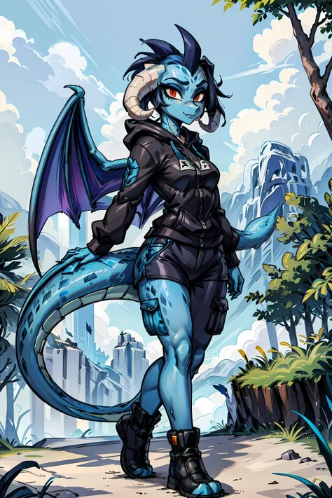 <lora:princessember-v1:0.8> princessember, blue body, ((blue scales, blue skin)), dragon, dragon girl, scalie, female, dragon horns, solo, tail, dragon wings, 1girl, colored skin, furry, furry female, anthro, black hoodie, brown cargo shorts, forest,