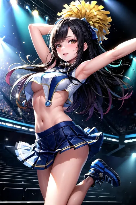 (masterpiece, best quality, detailed), 1girl, solo, looking at viewer, shimohira reika, black hair,
cheerleader, pom pom (cheerleading), crop top, midriff, miniskirt, stage, stage lights, spotlight, concert, audience, jumping, outstretched arms, arms up, m...