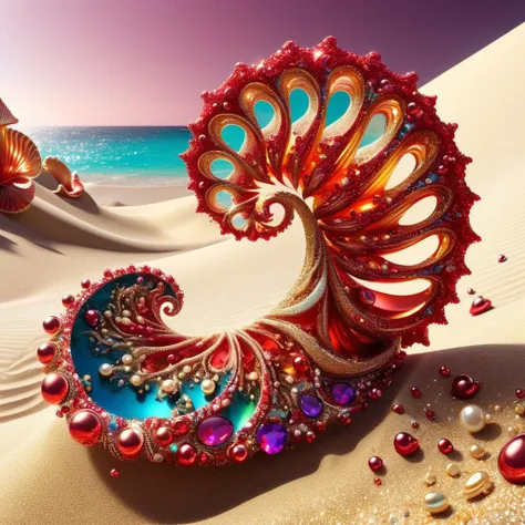 giant ocean twisted Mandelbrot fractal shell, golden pearl nacre, ultra details, artstation, octane renderer, (colorfully fine pimples:1.3), on sand seabed, RedGlitter, <lora:SDXLRedGlitter:1>