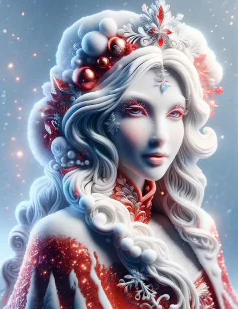 a woman with long white hair and red dress in snow