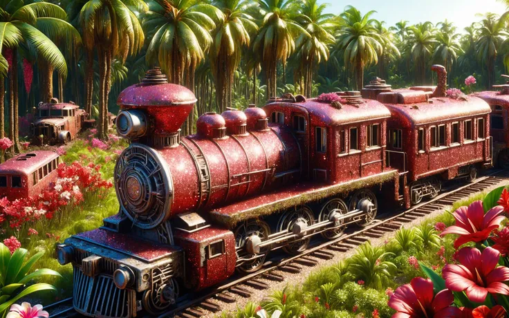 aerial view, junkyard of old rusty locomotives with sprouted trees, old abandoned ruined trains in the jungle, a lot of dense flowers, thickets of palm trees, dense grass and flowers, heaps of rubbish and spare parts, masterpiece, best quality, toon, 3d, l...