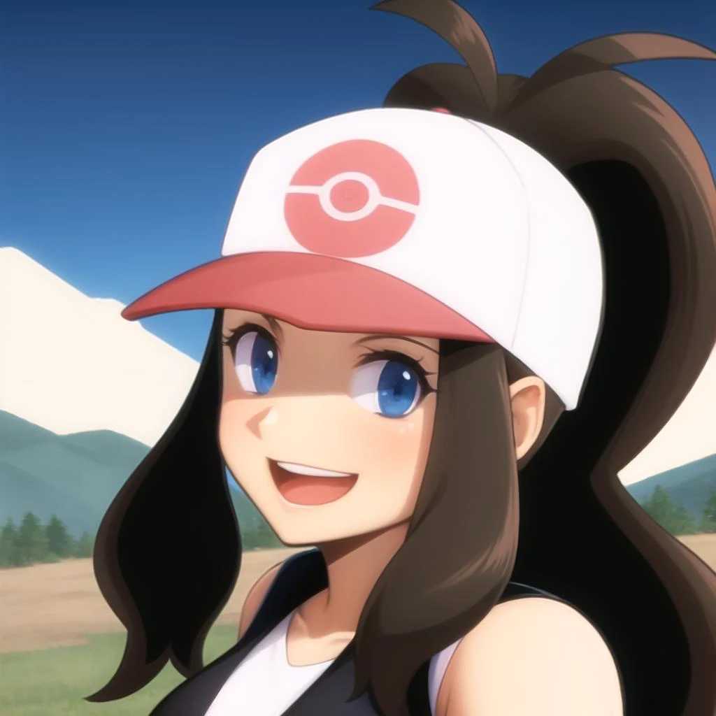 <lora:character_pokemon_hilda_v1:0.7> mountain, sunny, 1girl, character_pokemon_hilda, solo, portrait, from side, looking at viewer, smile, open mouth, baseball cap, sleeveless shirt, vest