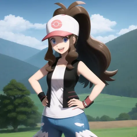 <lora:character_pokemon_hilda_v1:0.7> mountain, sunny, 1girl, character_pokemon_hilda, solo, cowboy shot, standing, hands on hips, looking at viewer, smile, open mouth, baseball cap, sleeveless shirt, vest, shorts, wristband