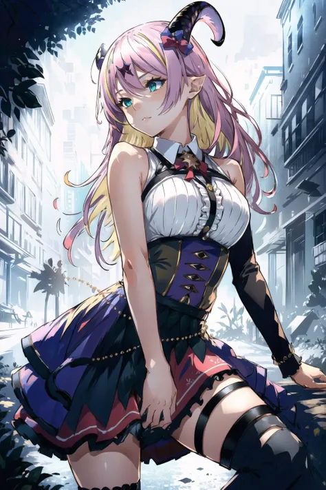 best quality, intricate details,


1girl,   <lora:manoAloeHololive_v1:0.8> mano aloe, skirt, sleeveless, mismatched legwear, horn ornament,  long hair, 



 <lora:breastSqueezeElbow_v10:0.8> elbow squeeze, breasts squeezed together, arms down,