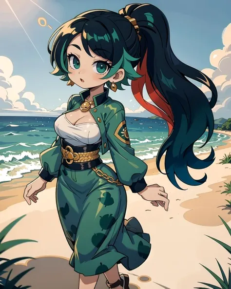 a woman in a green dress walking on a beach near the ocean