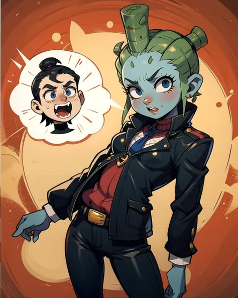 a cartoon picture of a woman with a green hair and a man with a black jacket