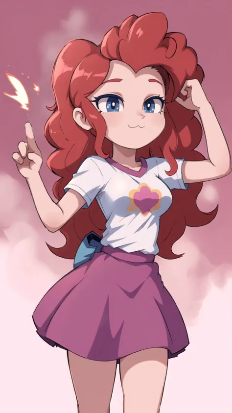 a cartoon girl with red hair and a white shirt and purple skirt