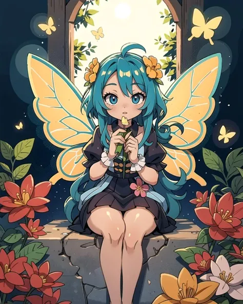 ((masterpiece), best quality, high quality, professional quality, highly detailed, highres, perfect lighting, natural lighting), beautiful fairy, butterfly wings, multicolored wings, translucent wings, sitting, on flower