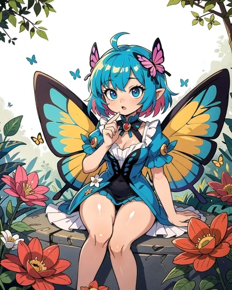 ((masterpiece), best quality, high quality, professional quality, highly detailed, highres, perfect lighting, natural lighting), beautiful fairy, butterfly wings, multicolored wings, translucent wings, sitting, on flower