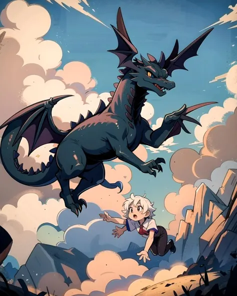 ((masterpiece), best quality, high quality, professional quality, highly detailed, highres, perfect lighting, natural lighting), black dragon, flying in sky, clouds, day