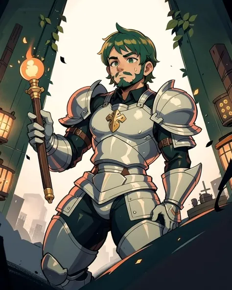 ((masterpiece), best quality, high quality, professional quality, highly detailed, highres, perfect lighting, natural lighting), (1boy, overweight, handsome, facial hair, short hair, green hair), wearing armor, casting a spell, on a battlefield