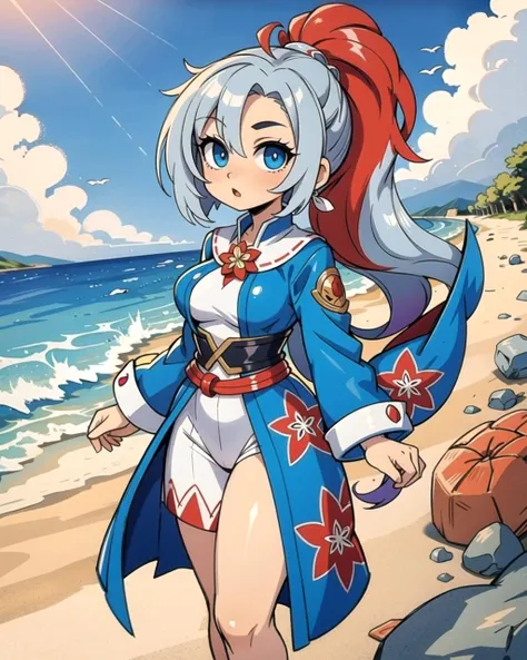 ((masterpiece), best quality, high quality, professional quality, highly detailed, highres, perfect lighting, natural lighting), (1girl, beautiful, medium breasts, (multicolored hair, silver hair,blue hair,red hair, long hair, high ponytail), perfecteyes e...