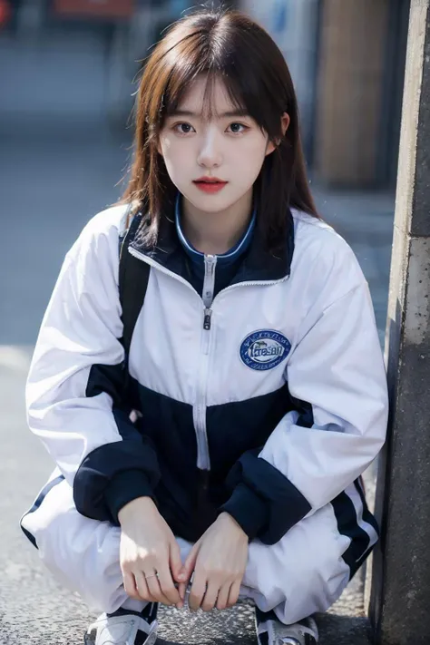 photorealistic,masterpiece,best quality,masterpiece,highres,original,extremely detailed wallpaper,perfect lighting,(extremelydetailed CG:1.2),large aperture,depth of field,
a girl,full body,solo,street,wearing a blue and white jacket,<lora:xiaofu:0.65>,