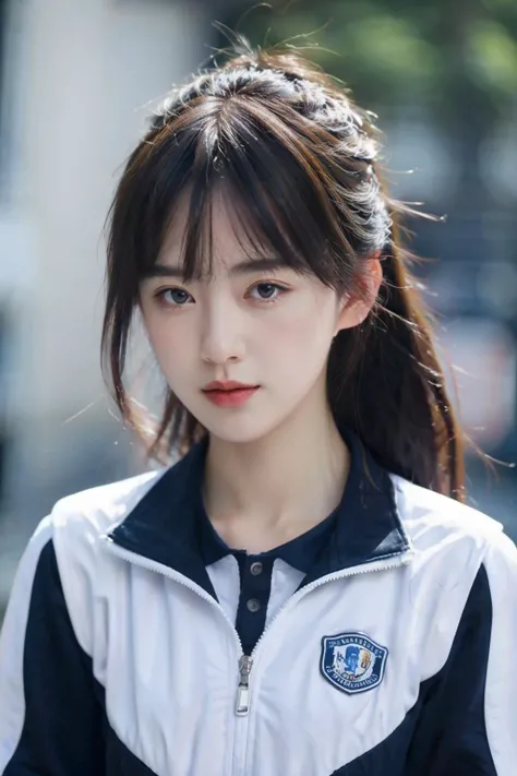 photorealistic,masterpiece,best quality,masterpiece,highres,original,extremely detailed wallpaper,perfect lighting,(extremelydetailed CG:1.2),large aperture,depth of field,
a girl,solo,street,wearing a blue and white jacket,<lora:xiaofu:0.65>,