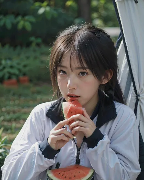 Best quality, masterpiece, ultra high res, (photorealistic:1.4),
a girl
<lyco:xiaofu:0.7>
(scene:camping), (protagonist), (hiding in tent), (eating watermelon:1.5), (cozy atmosphere), (summer vibes), (refreshing snack), (enjoying solitude), (playful expres...