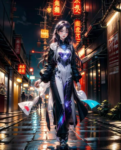 futureaodai, 1 girl, solo, neon, light, portrait. long hair, purple hair,  <lora:futureaodai:0.9>