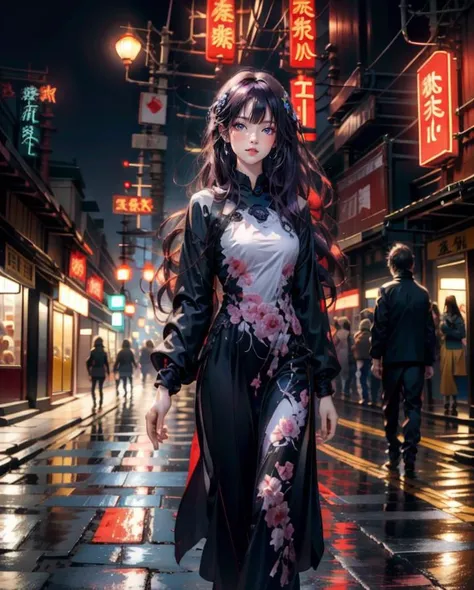 futureaodai, 1 girl, solo, neon, light, portrait. long hair, purple hair,  <lora:futureaodai:0.8>