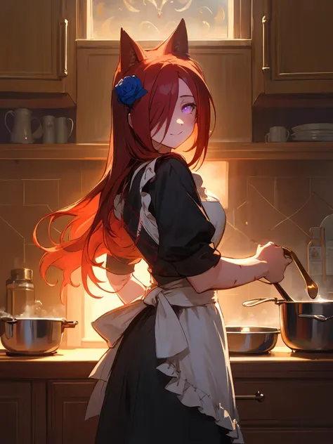 anime girl in a kitchen with a cat ears and apron