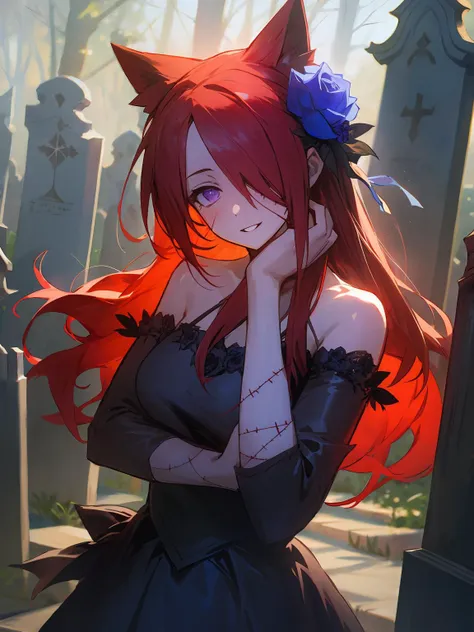 a woman with red hair and a cat ears is standing in front of a cemetery