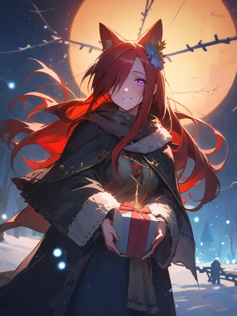 a woman with red hair holding a present in front of a full moon