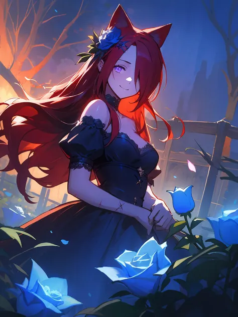 a woman with red hair and a cat ears standing in a garden