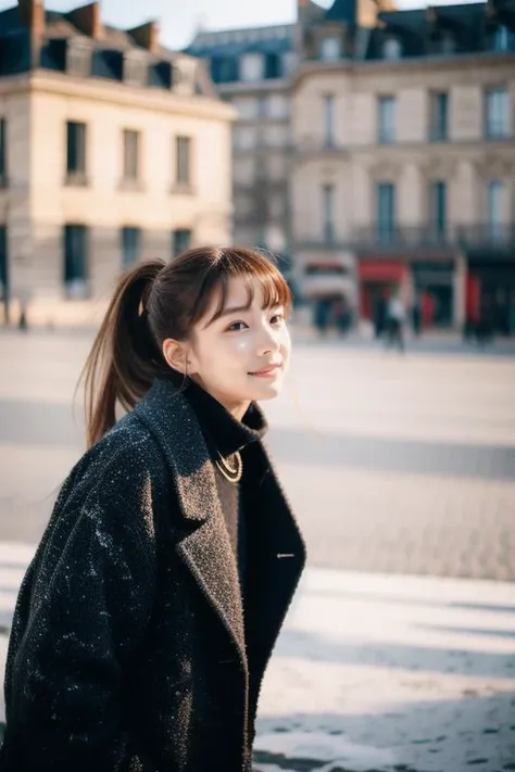 youth,1girl,looking at viewer, full body,jewelry, necklace, realistic, brown hair, blurry background, blurry,bangs, black eyes,paris,fashion,peoples in background, winter coat,
dynamic pose, motion blur,
Warm sun,Winter,snow,