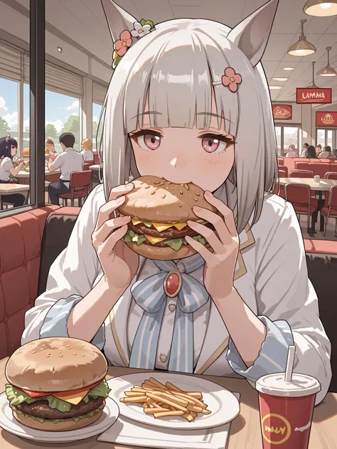 <lora:Happy_Meek_v1.0_Cibitai:0.6>,UMAHM,UMAHMSTD,eating,hamburger,hair ornament, fast food restaurant, score_9, score_8_up, score_7_up,source_anime