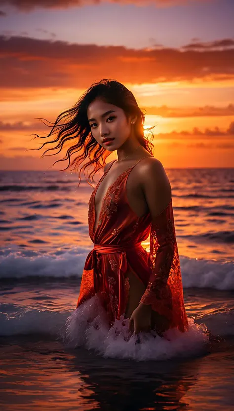 red and orange theme, standing in the ocean, sunset, young filipina woman, pretty and youthful face, perfect body, perfect teeth, dynamic pose, oranges, and purples in the sky, standing with hands on both hips, body slightly turned to the side, looking ahe...