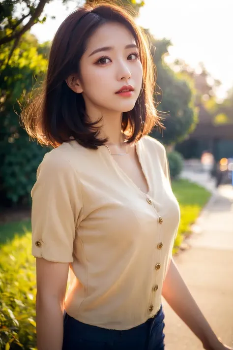 best quality,  (mature:1.3),perfect face, beautiful face,western, sharp focus,
solo,beautiful woman,sexy,shiny skin,Navy blouse, beige shorts,
soft light,cinematic lighting,
sunny, dusk, outdoor,depth of field,