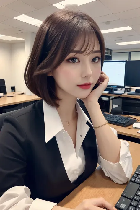 (Best quality, 8k, 32k, Masterpiece, UHD:1.2),Photo of Pretty Japanese woman, 1girl, (medium-short dark brown hair), double eyelid, office formal wear, working on desktop, typing keyboard, office, looking at PC screen