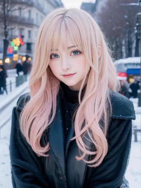 russian woman wearing gorgeous pink dress and black coat, photorealistic, best quality, masterpiece, detailed background of Paris, 18-yo, green hair, detailed hair, detailed skin, 1-single pink hair extension, long hair, blue eyes, wavy hair, curly hair, m...