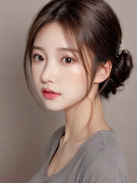 updo,1girl, solo,brown hair,looking looking at viewer,brown eyes,ear, simple background, realistic, shirt, closed mouth, black shirt, grey background, lips, upper body, makeup, portrait,masterpiece, best quality,<lora:koreanDollLikeness_v15:0.3>, <lora:jap...